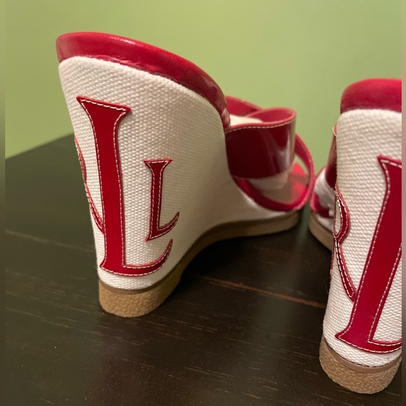Vintage Ralph Lauren Virginia Monogram Wedge Slip on Opened-toe Red Sz 7 1/2 - Picture 12 of 14